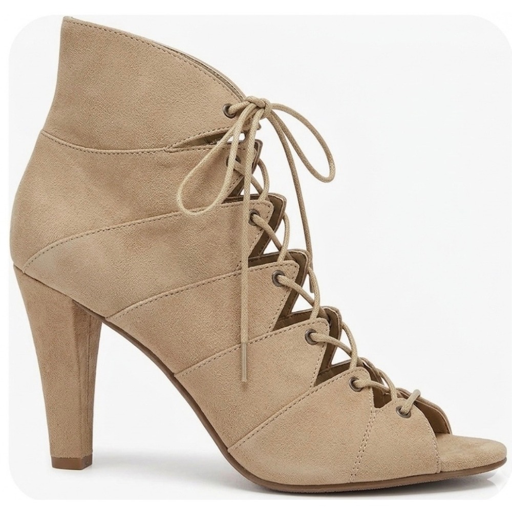 Eric‎ Michael Tan Suede Lace Up peep Toe ankle Booties Heels 41/10 festival boho